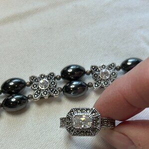 Marcasite Bracelet  and Ring Size 9 Hematite Beads